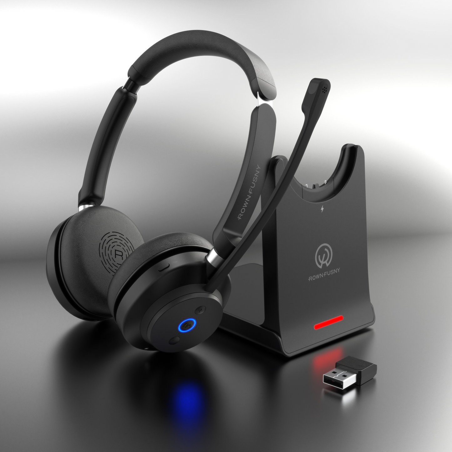 Rownfusny R02-P Wireless Headset Bluetooth Noise Cancelling Mic USB Dongle Computer Call Center