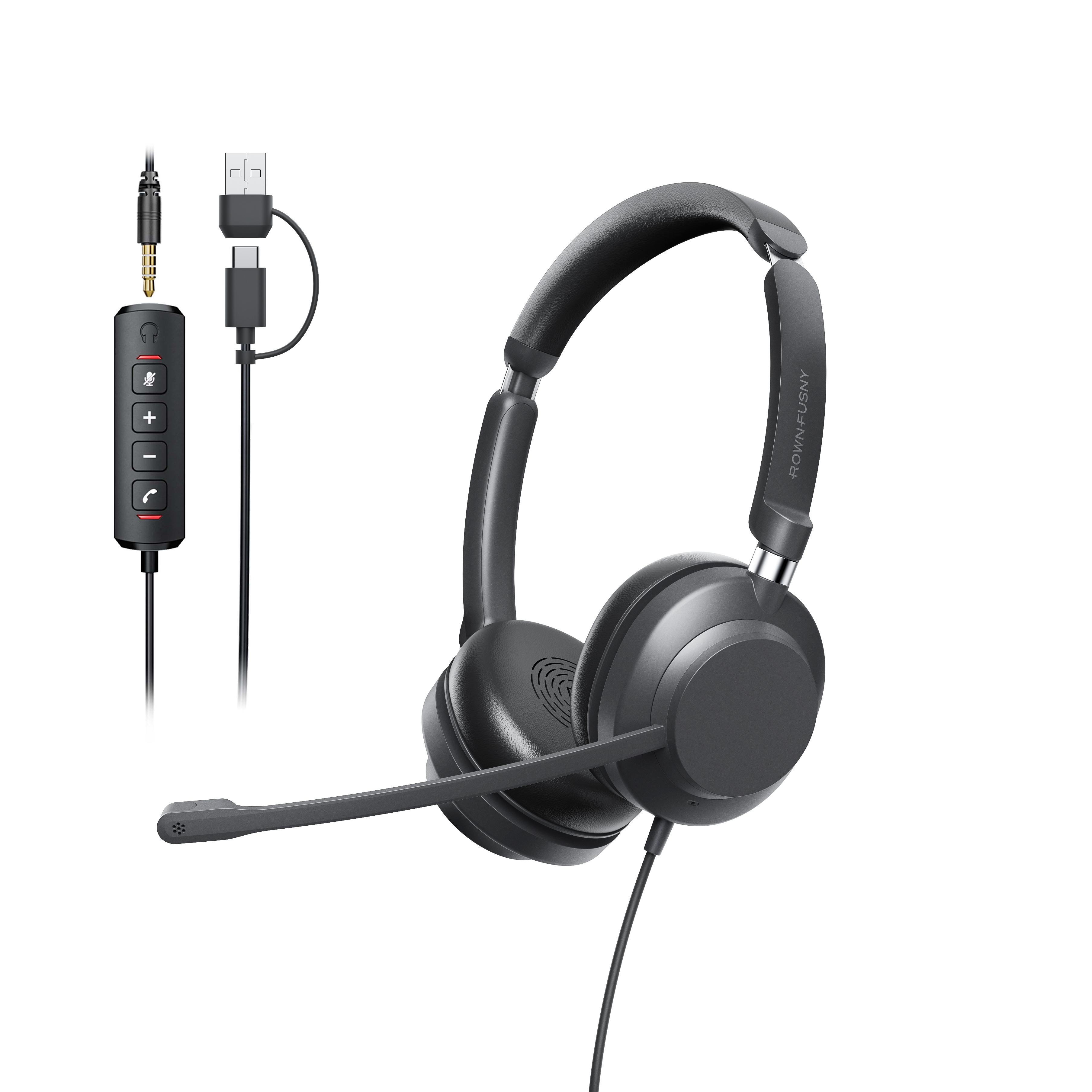 Rownfusny R01 USB-C Headset Noise Cancelling Mic for PC Laptop Zoom Teams Call Center