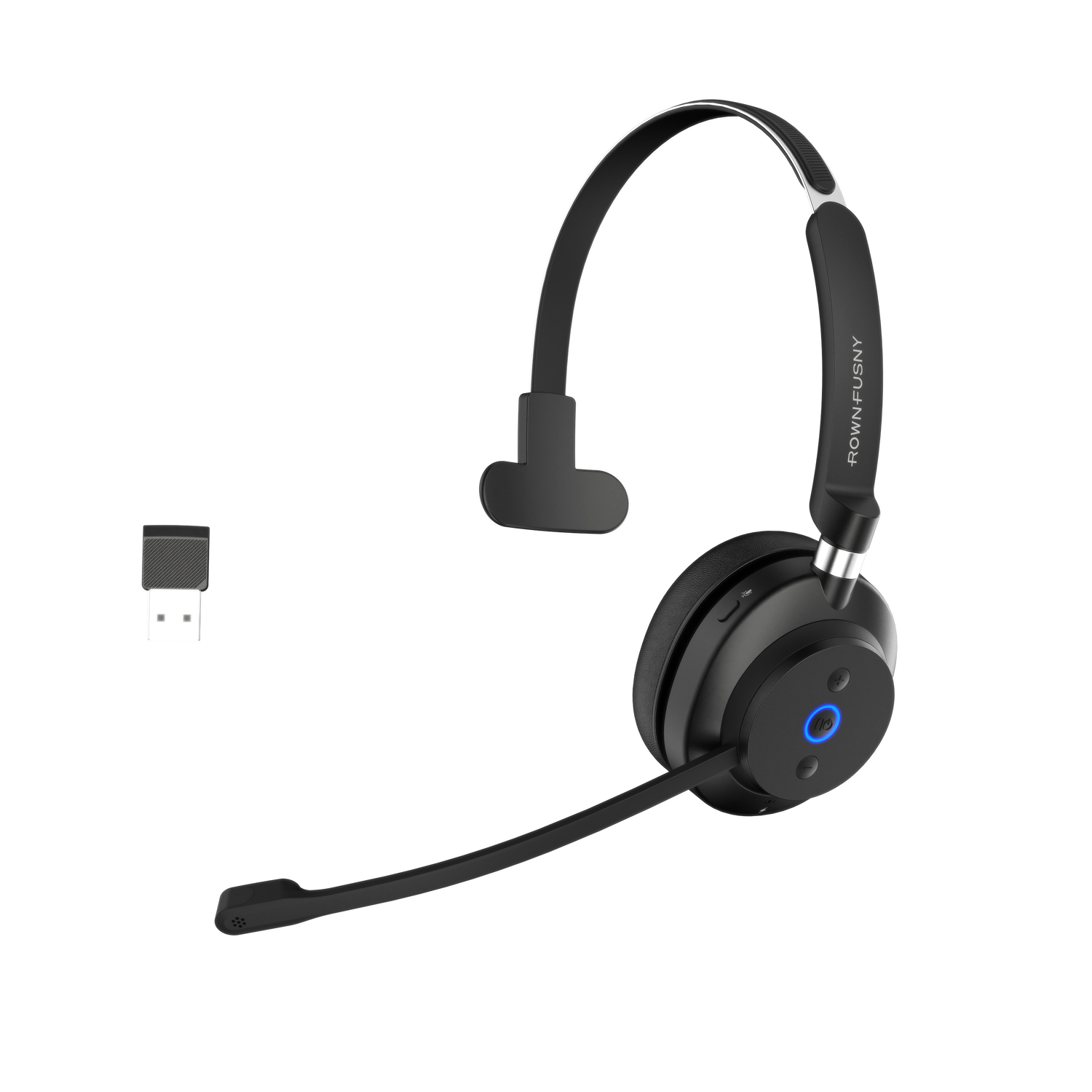 Rownfusny R03U Wireless Headset: Mono Bluetooth 5.3 & USB Dongle, Noise Cancelling Mic for PC/Phone/Office