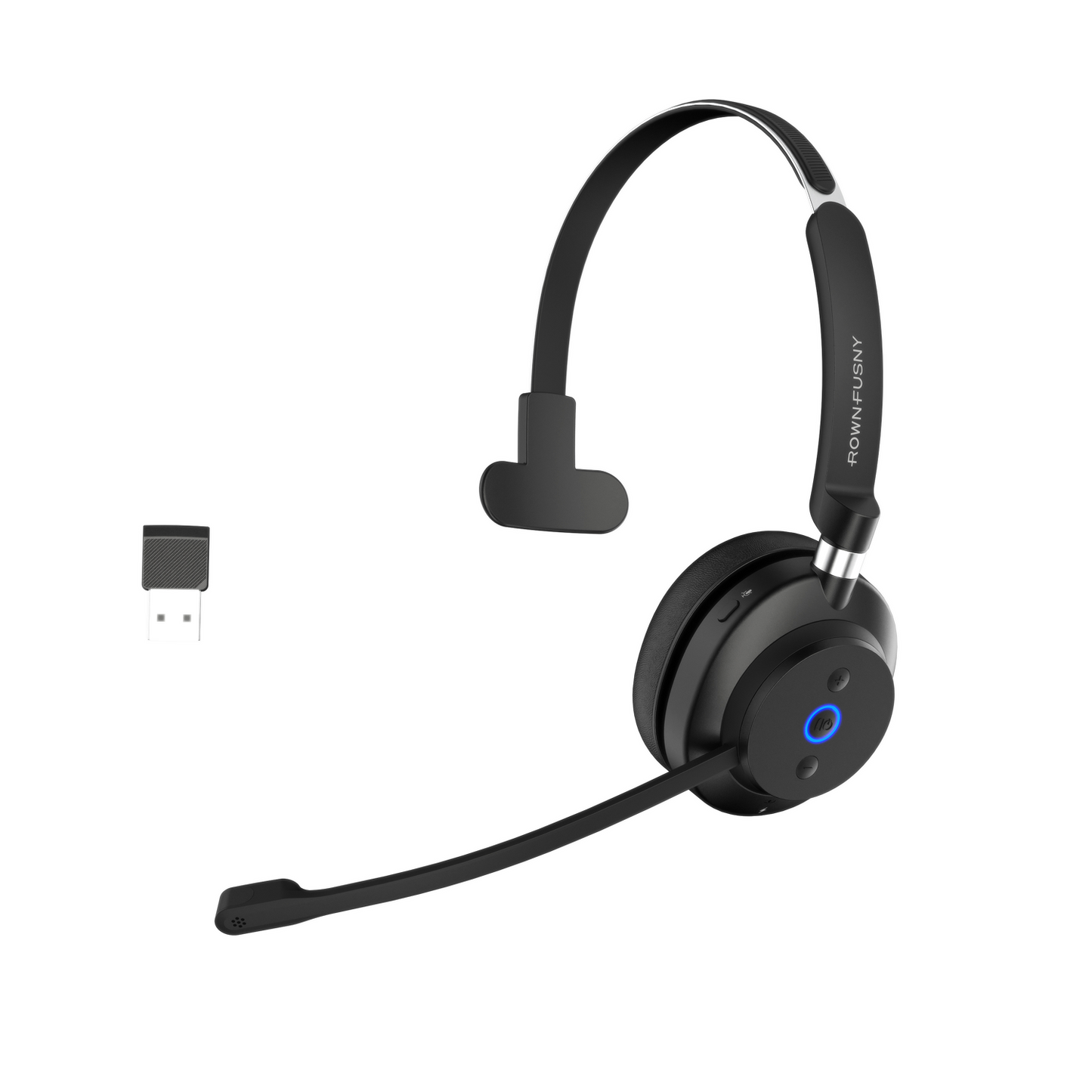Rownfusny R03U Wireless Headset: Mono Bluetooth 5.3 & USB Dongle, Noise Cancelling Mic for PC/Phone/Office