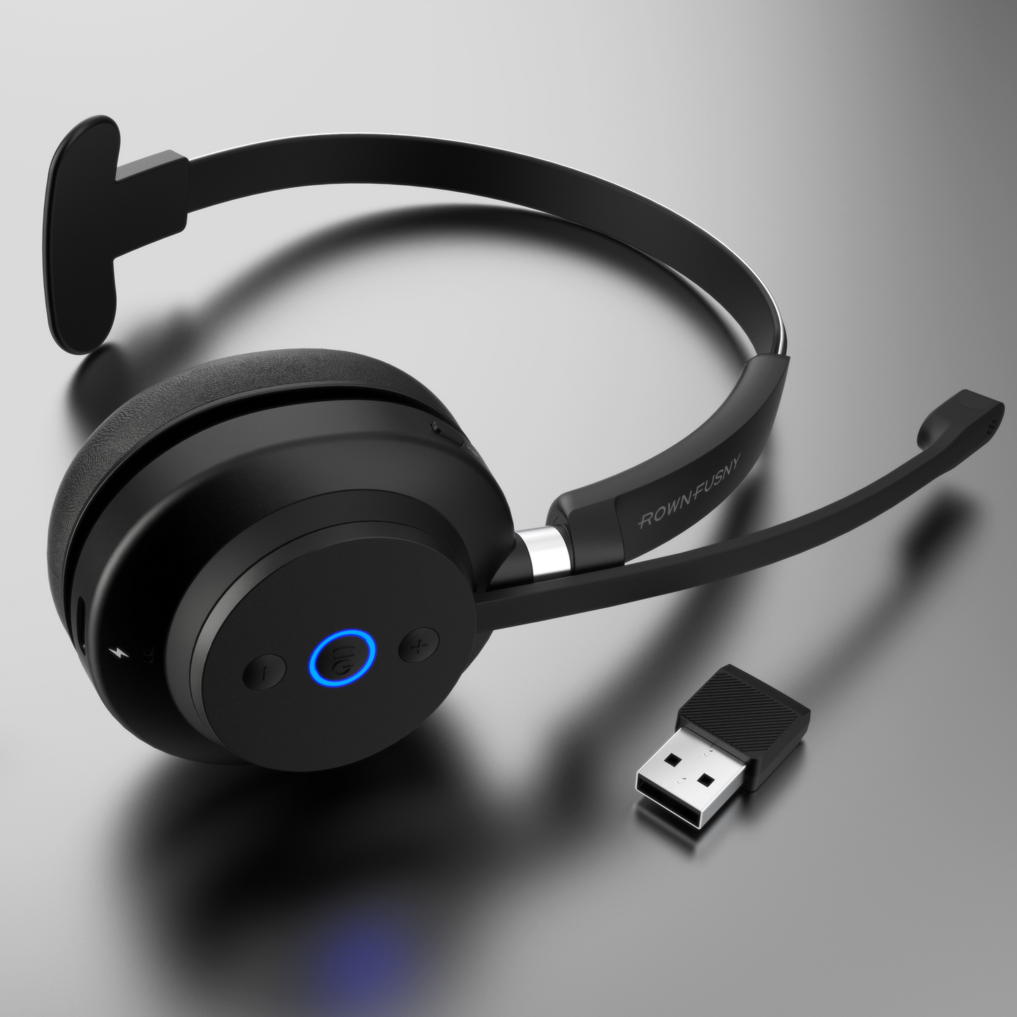 Rownfusny R03U Wireless Headset: Mono Bluetooth 5.3 & USB Dongle, Noise Cancelling Mic for PC/Phone/Office