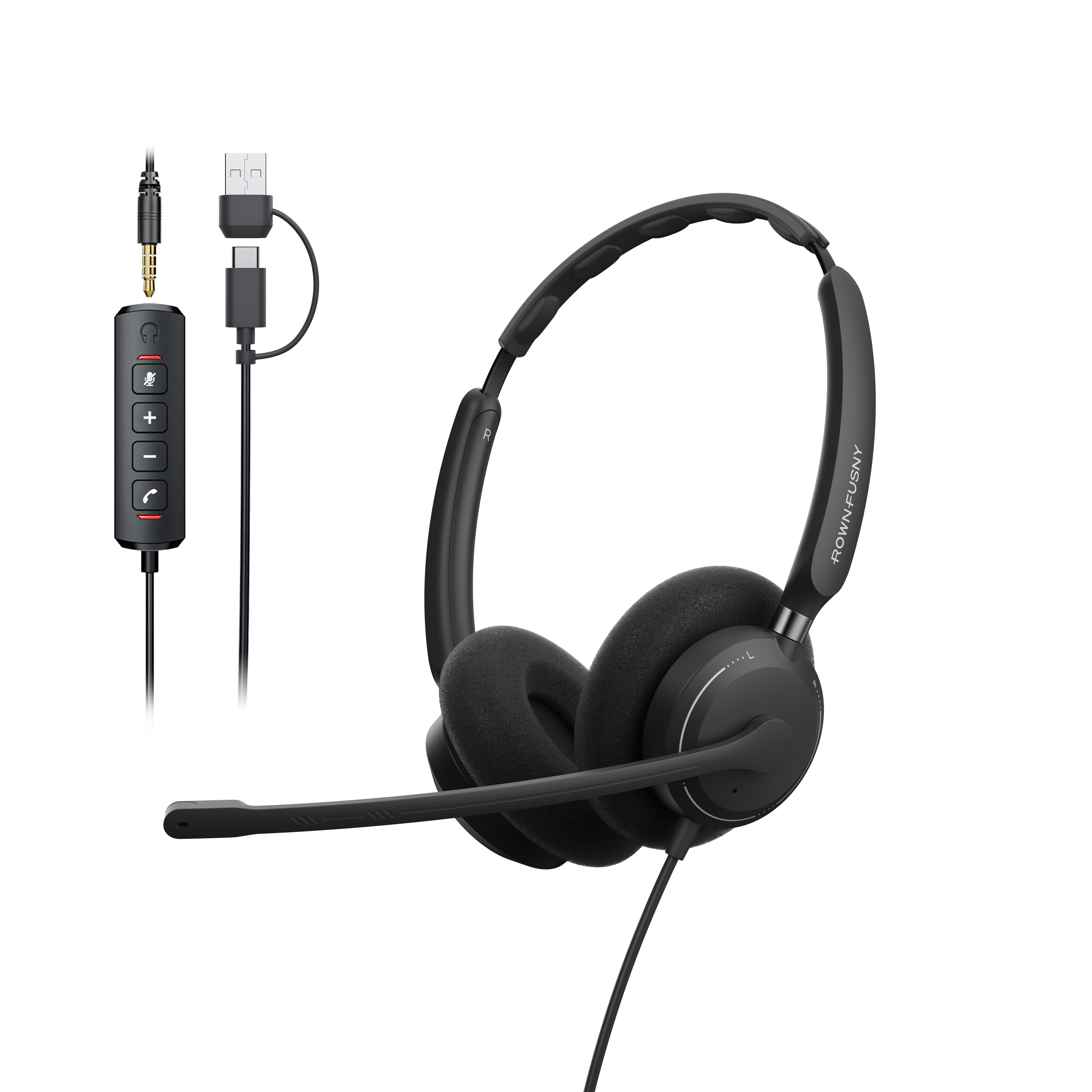 Rownfusny R06 USB-C Dual-Ear Business Headset with USB-A, USB-C & 3.5mm