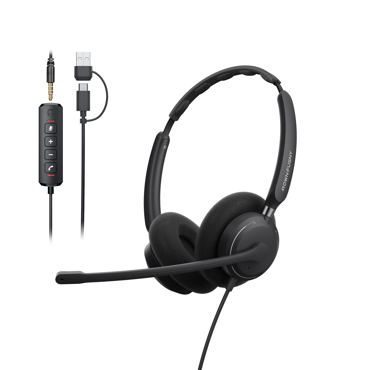 Rownfusny R06 USB-C Dual-Ear Business Headset with USB-A, USB-C & 3.5mm