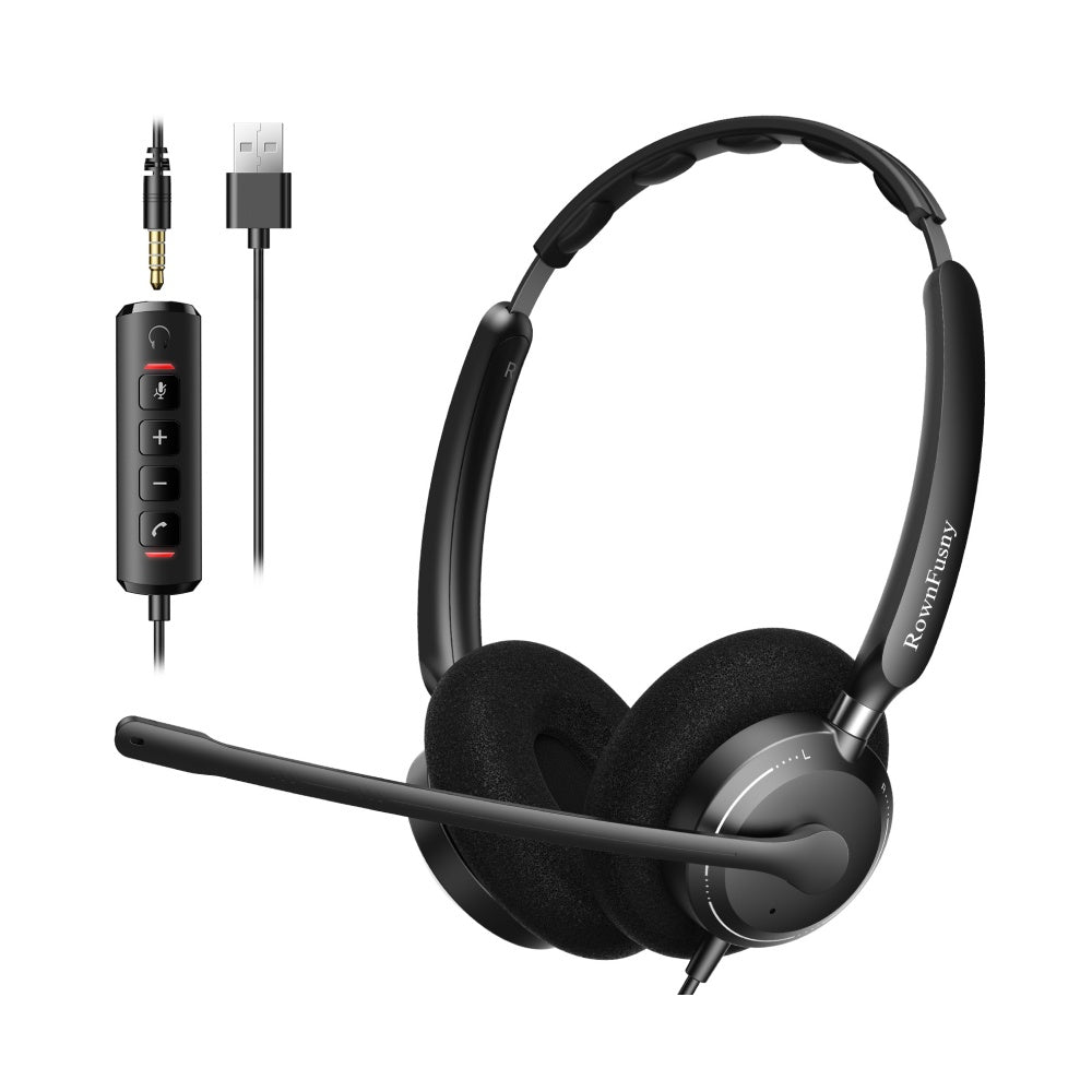 Rownfusny R06 USB Headset: Wired PC Headphone w/Noise Cancelling Mic, Teams & IP Phone Ready